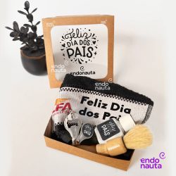 Brinde dia dos pais corporativo com kit help barba, toalhinha, pincel, loção para barbear e chaveiro cortador de unhas com abridor personalizado.